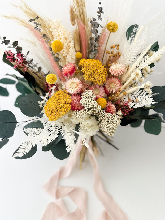 Blush + Yellow Wildflower Bouquet/ Bride and Bridesmaids/ Dried Flower Bouquet/ Wedding Flowers