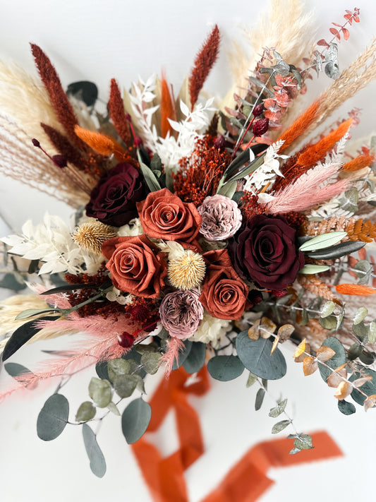 Terracotta, Burgundy + Dusty Rose Dried Floral Bouquet/ Bride and Bridesmaids/ Dried Flower Bouquet/ Wedding Flowers