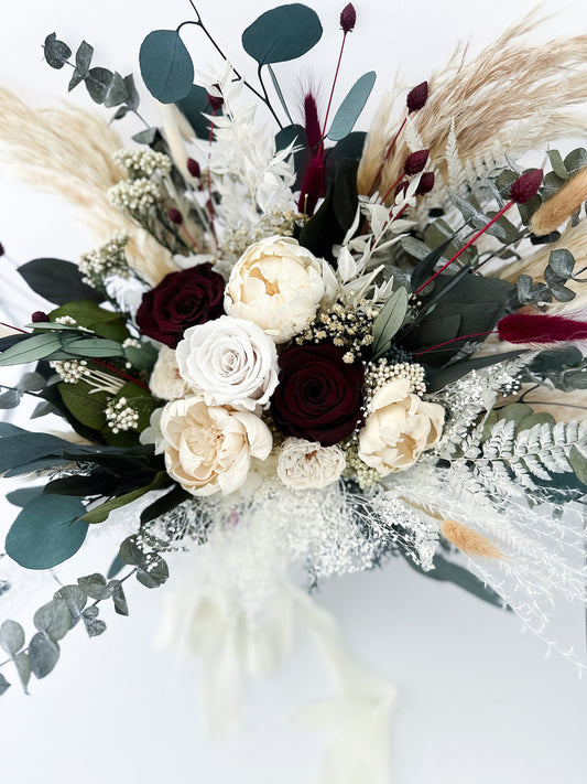 Cream Peony, Burgundy + Olive Dried Pampas Grass Bouquet/ Bride and Bridesmaids/ Dried Flower Bouquet/ Wedding Flowers