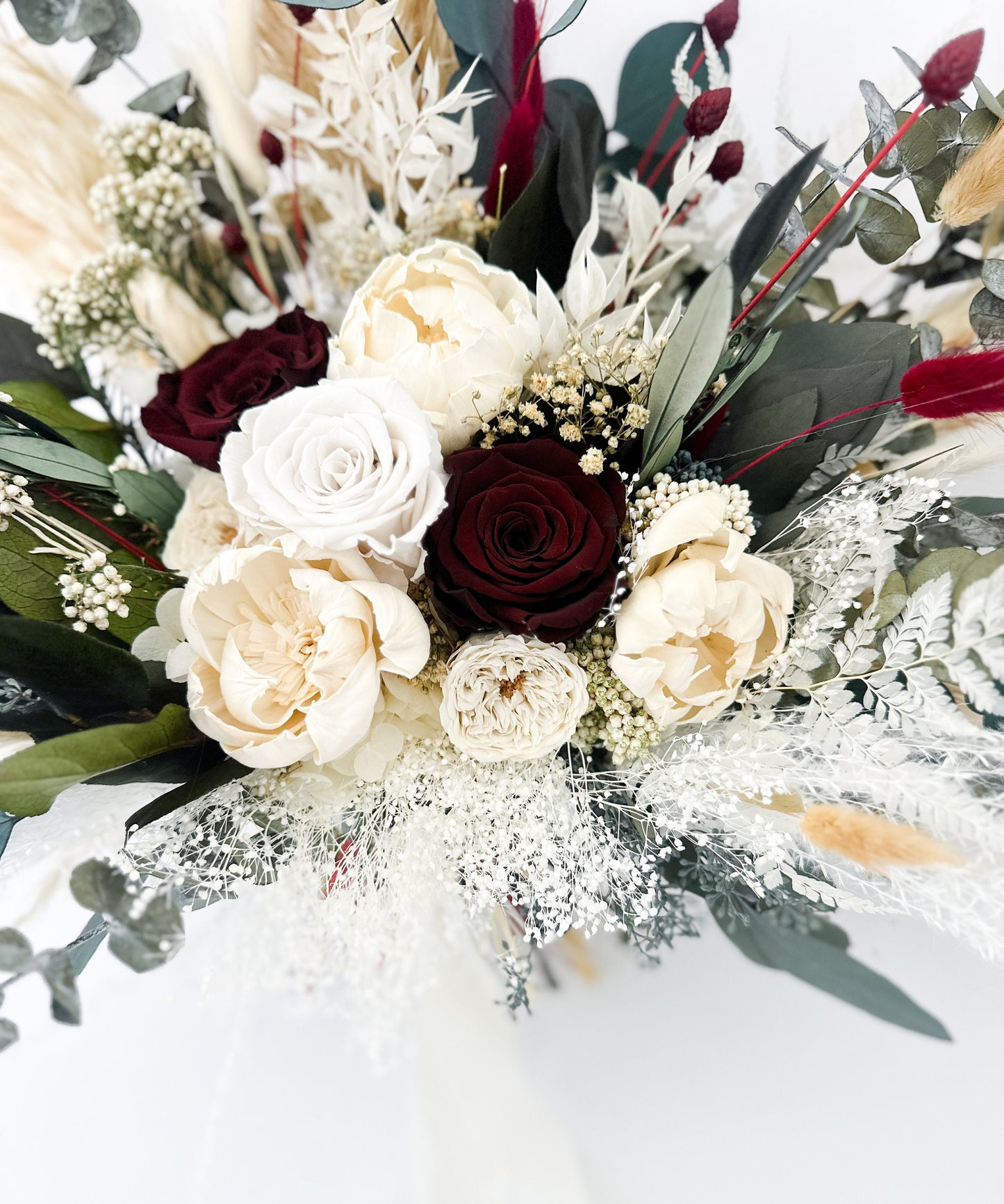 Cream Peony, Burgundy + Olive Dried Pampas Grass Bouquet/ Bride and Bridesmaids/ Dried Flower Bouquet/ Wedding Flowers