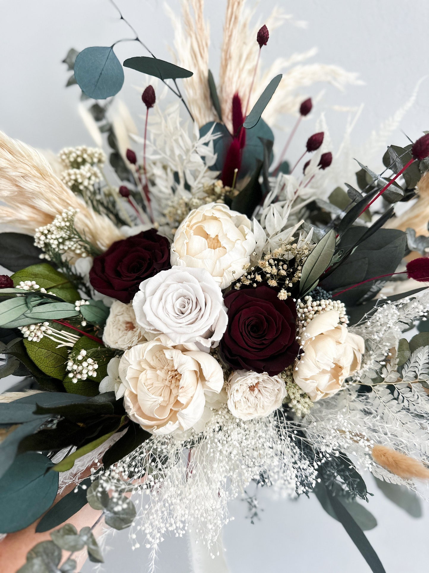 Cream Peony, Burgundy + Olive Dried Pampas Grass Bouquet/ Bride and Bridesmaids/ Dried Flower Bouquet/ Wedding Flowers