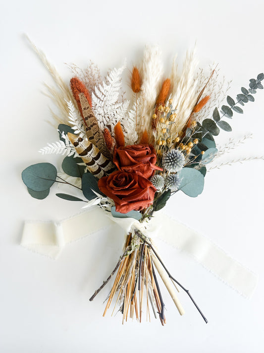 Small Rust Rose, Pheasant Feather + Dusty Blue Bouquet/ Bride and Bridesmaids/ Dried Flower Bouquet/ Wedding Flowers