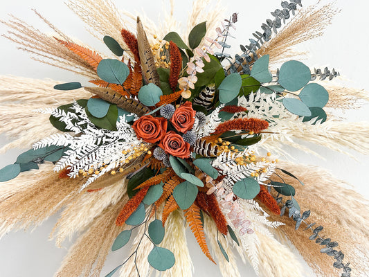 Rust, Dusty Blue, Pheasant Feather + Eucalyptus Dried Flower Arch Wall Decor