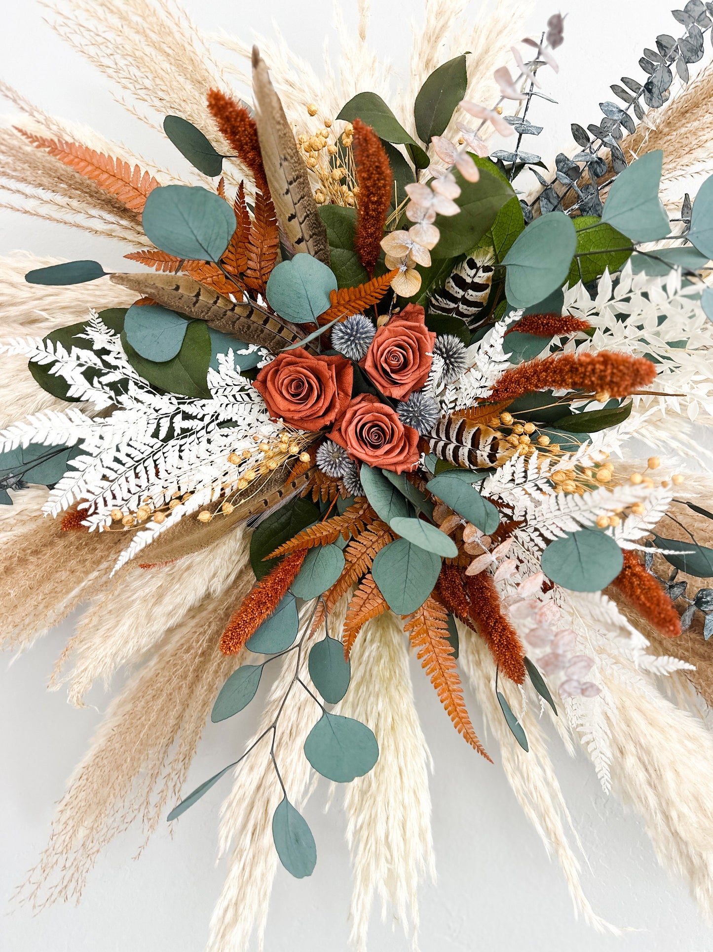 Rust, Dusty Blue, Pheasant Feather + Eucalyptus Dried Flower Arch Wall Decor