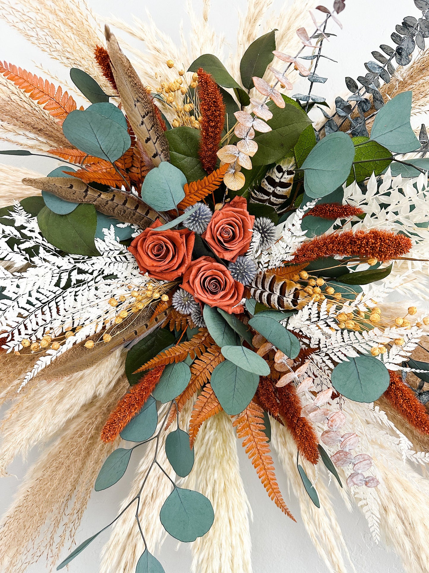 Rust, Dusty Blue, Pheasant Feather + Eucalyptus Dried Flower Arch Wall Decor