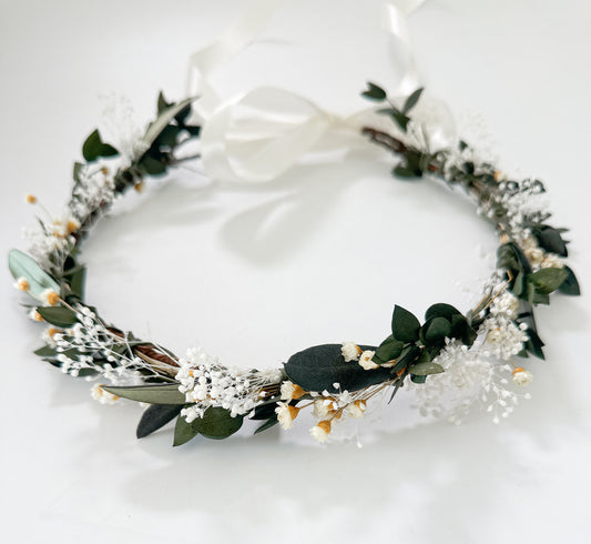 Dainty Babies Breath + Eucalyptus Dried Flower Crown/ Wedding Hair/ Bride and Bridesmaids/ Flower Girl