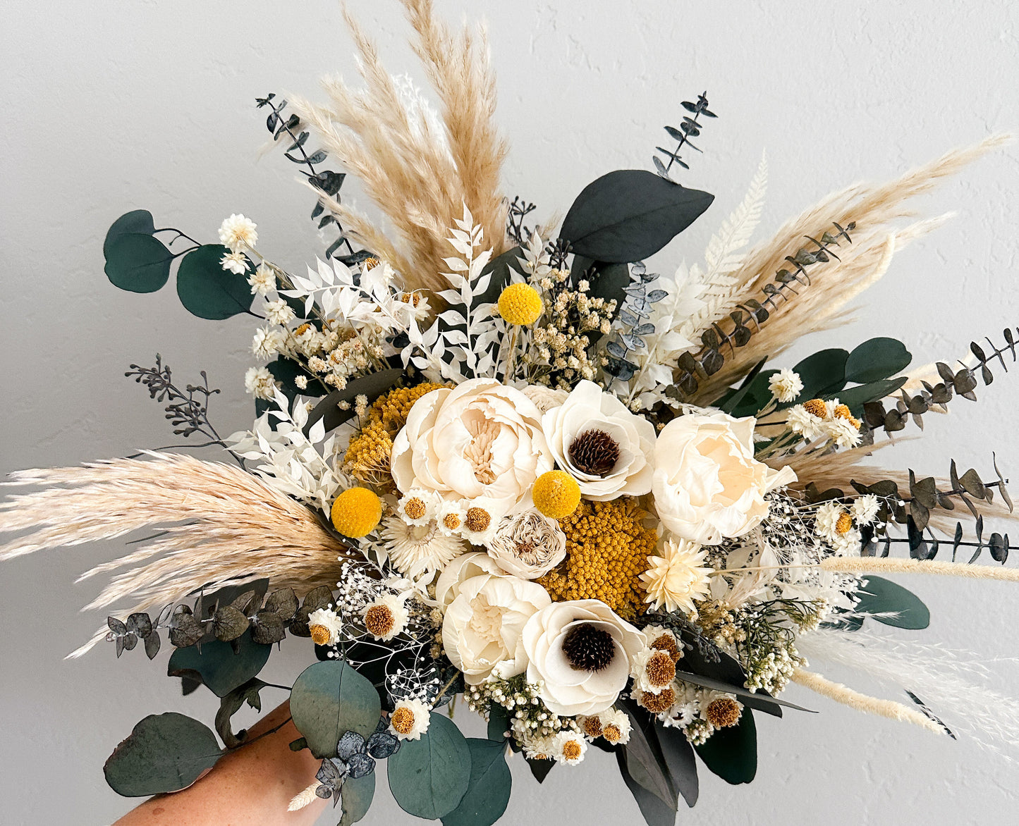 Yellow, Eucalyptus + Anemone Pampas Grass Bouquet/ Bride and Bridesmaids/ Dried Flower Bouquet/ Wedding Flowers