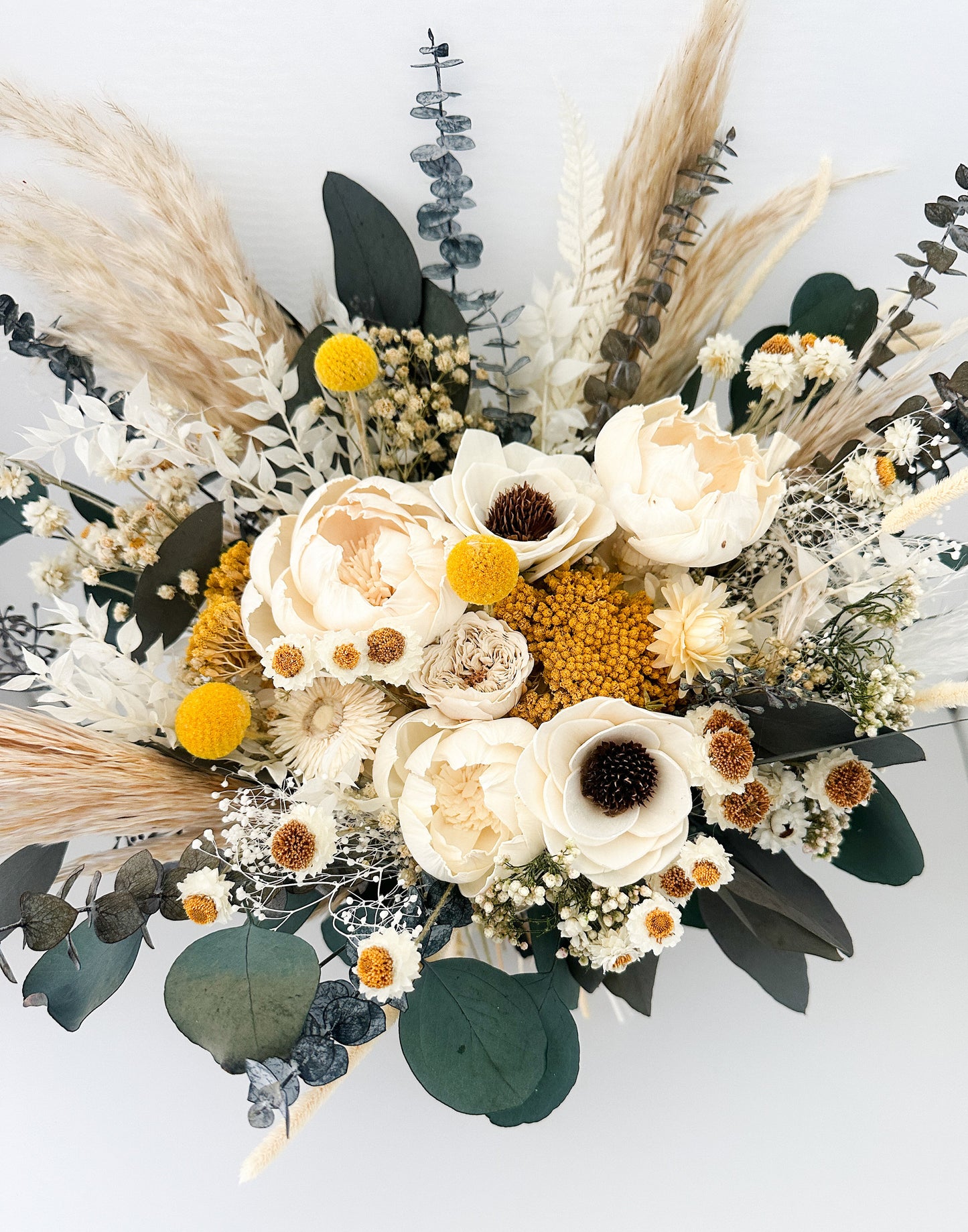 Yellow, Eucalyptus + Anemone Pampas Grass Bouquet/ Bride and Bridesmaids/ Dried Flower Bouquet/ Wedding Flowers