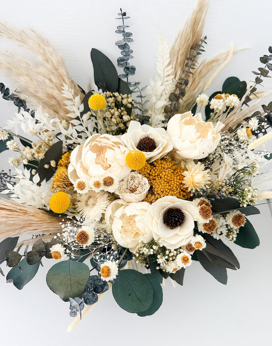Yellow, Eucalyptus + Anemone Pampas Grass Bouquet/ Bride and Bridesmaids/ Dried Flower Bouquet/ Wedding Flowers