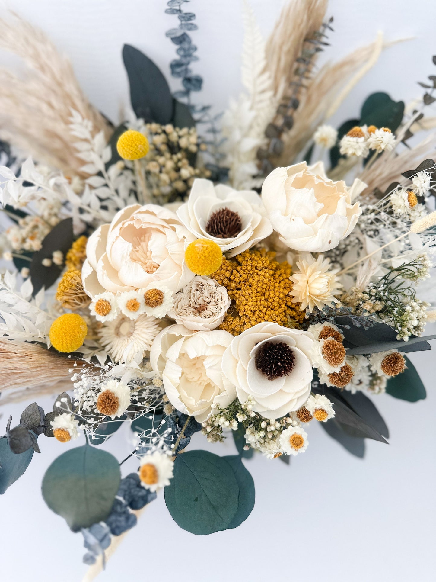 Yellow, Eucalyptus + Anemone Pampas Grass Bouquet/ Bride and Bridesmaids/ Dried Flower Bouquet/ Wedding Flowers