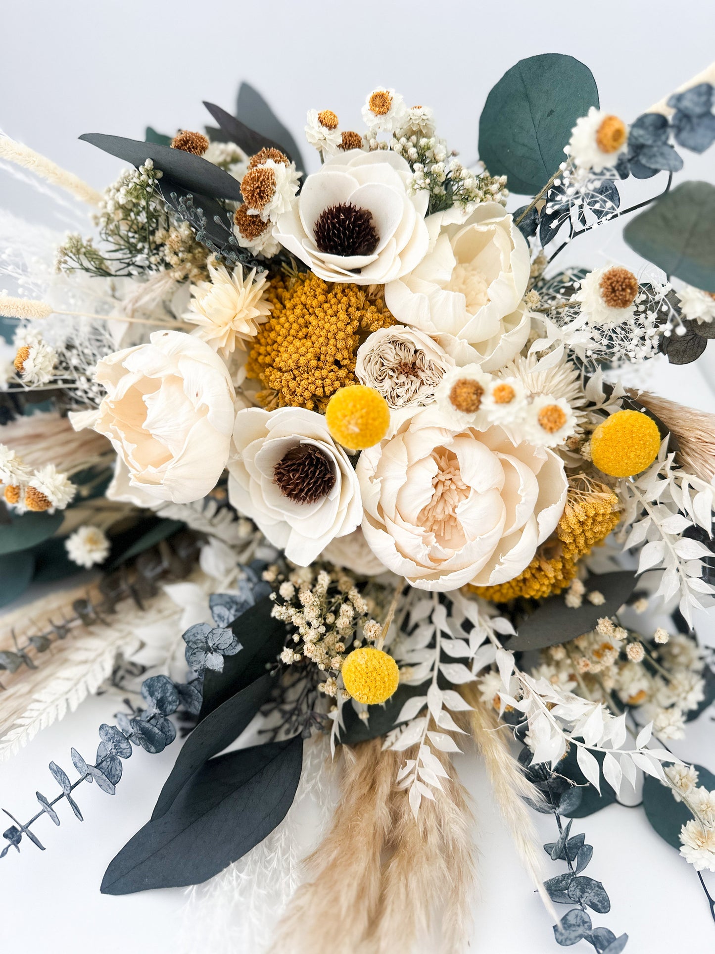 Yellow, Eucalyptus + Anemone Pampas Grass Bouquet/ Bride and Bridesmaids/ Dried Flower Bouquet/ Wedding Flowers