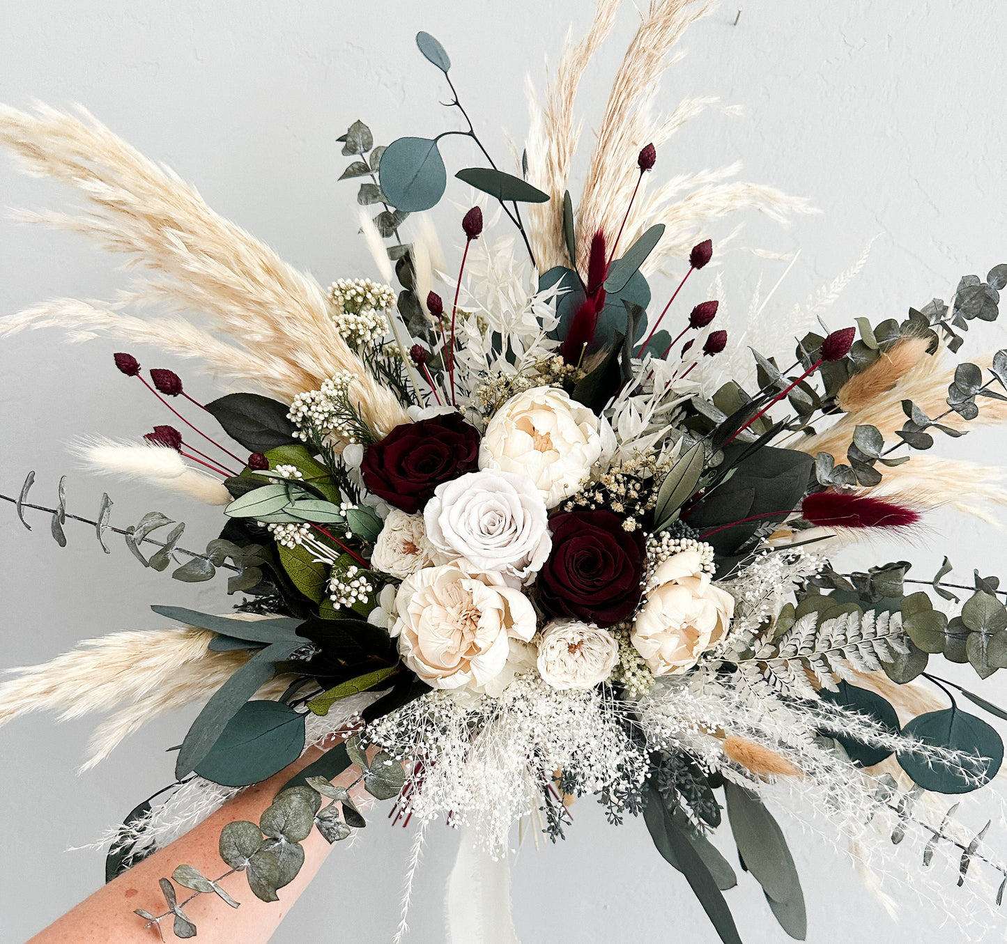 Cream Peony, Burgundy + Olive Dried Pampas Grass Bouquet/ Bride and Bridesmaids/ Dried Flower Bouquet/ Wedding Flowers