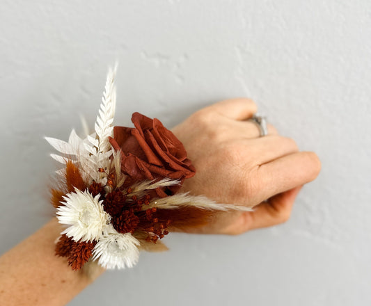 Rust Rose + Strawflower Corsage/ Wedding Flowers/ Dried Flowers/ Wedding Party