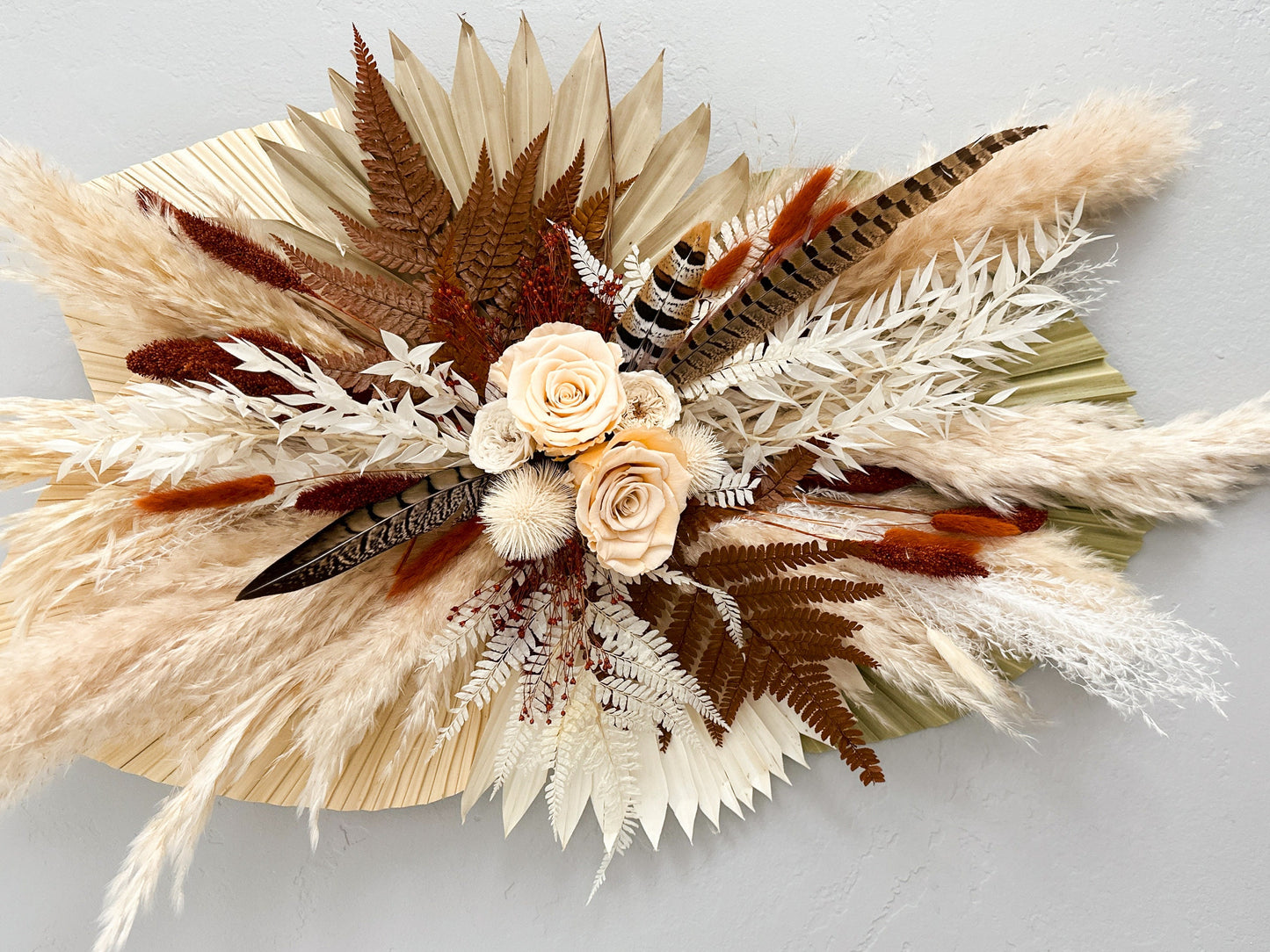 Blush, Rust + Pheasant Feather Pampas Grass Arch or Wall Decor, Dried Flowers, Arbor