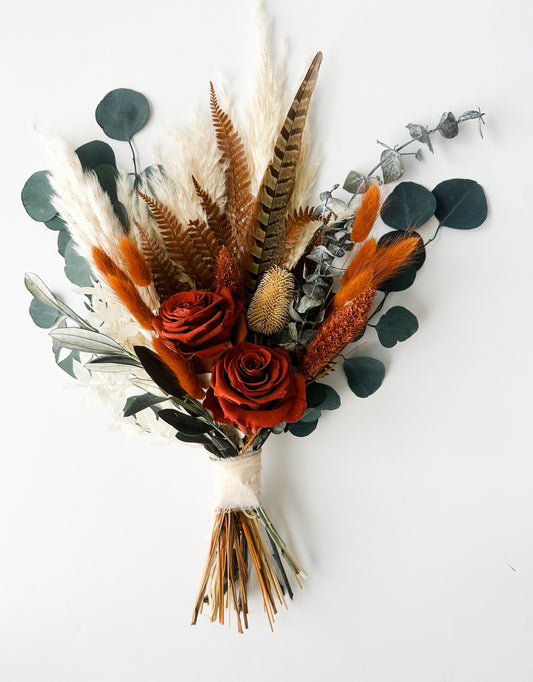 Small Rust, Pheasant Feather + Greenery Pampas Grass Bouquet/ Bride and Bridesmaids/ Dried Flower Bouquet/ Wedding Flowers