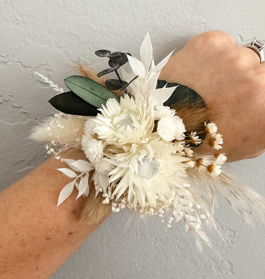 White and Greenery Dried Floral Corsage/ Wedding Flowers/ Dried Flowers