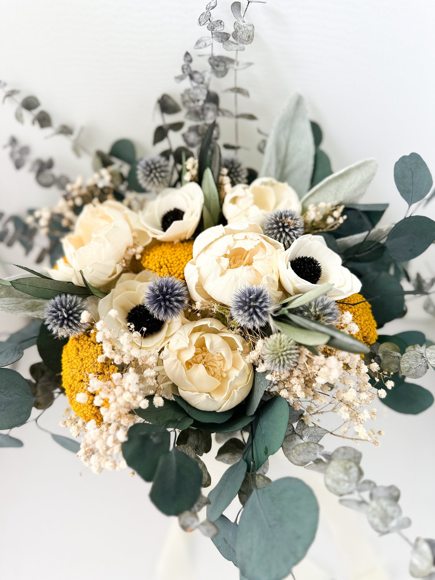 Dusty Blue, Mustard Yellow, Anemone and Peony Dried Floral Bouquet/ Bride and Bridesmaids/ Dried Flower Bouquet/ Wedding Flowers