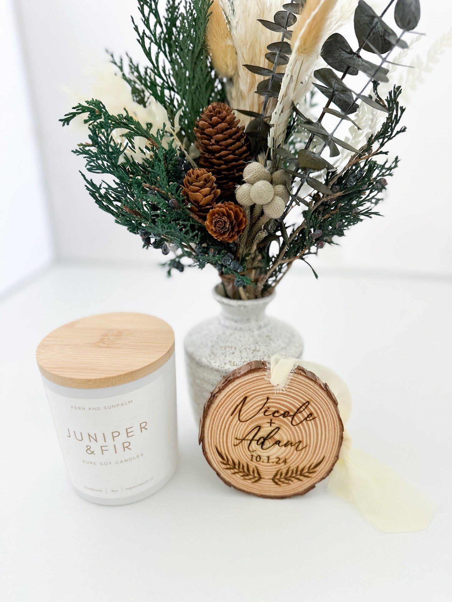 Customized Ornament Gift Box with Candle, Wood slice ornament , and Small Dried Flower Arrangement.