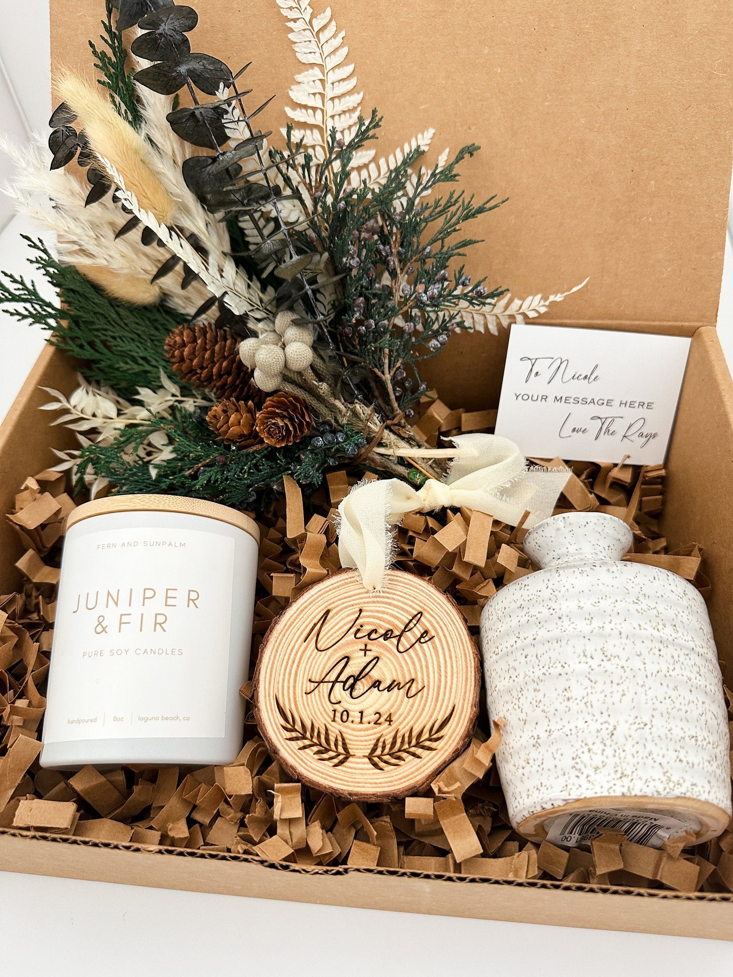 Customized Ornament Gift Box with Candle, Wood slice ornament , and Small Dried Flower Arrangement.