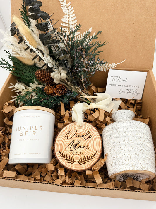 Customized Ornament Gift Box with Candle, Wood slice ornament , and Small Dried Flower Arrangement.
