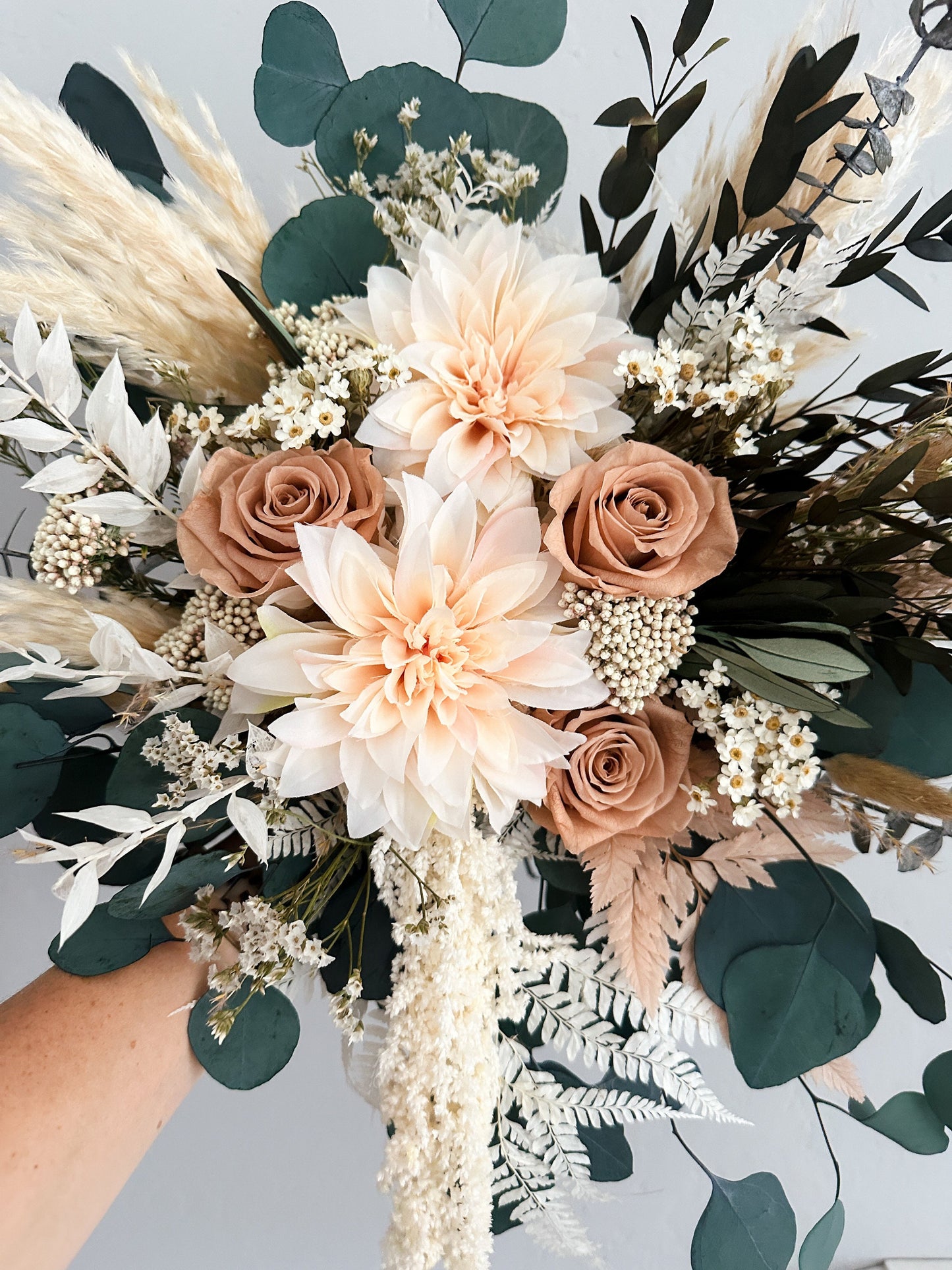 Blush Dahlia, Nude Rose + Greenery Dried Floral Bouquet with Silk Faux Dahlias/ Wedding Flowers/ Bride and Bridesmaids Bouquets