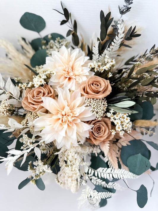 Blush Dahlia, Nude Rose + Greenery Dried Floral Bouquet with Silk Faux Dahlias/ Wedding Flowers/ Bride and Bridesmaids Bouquets