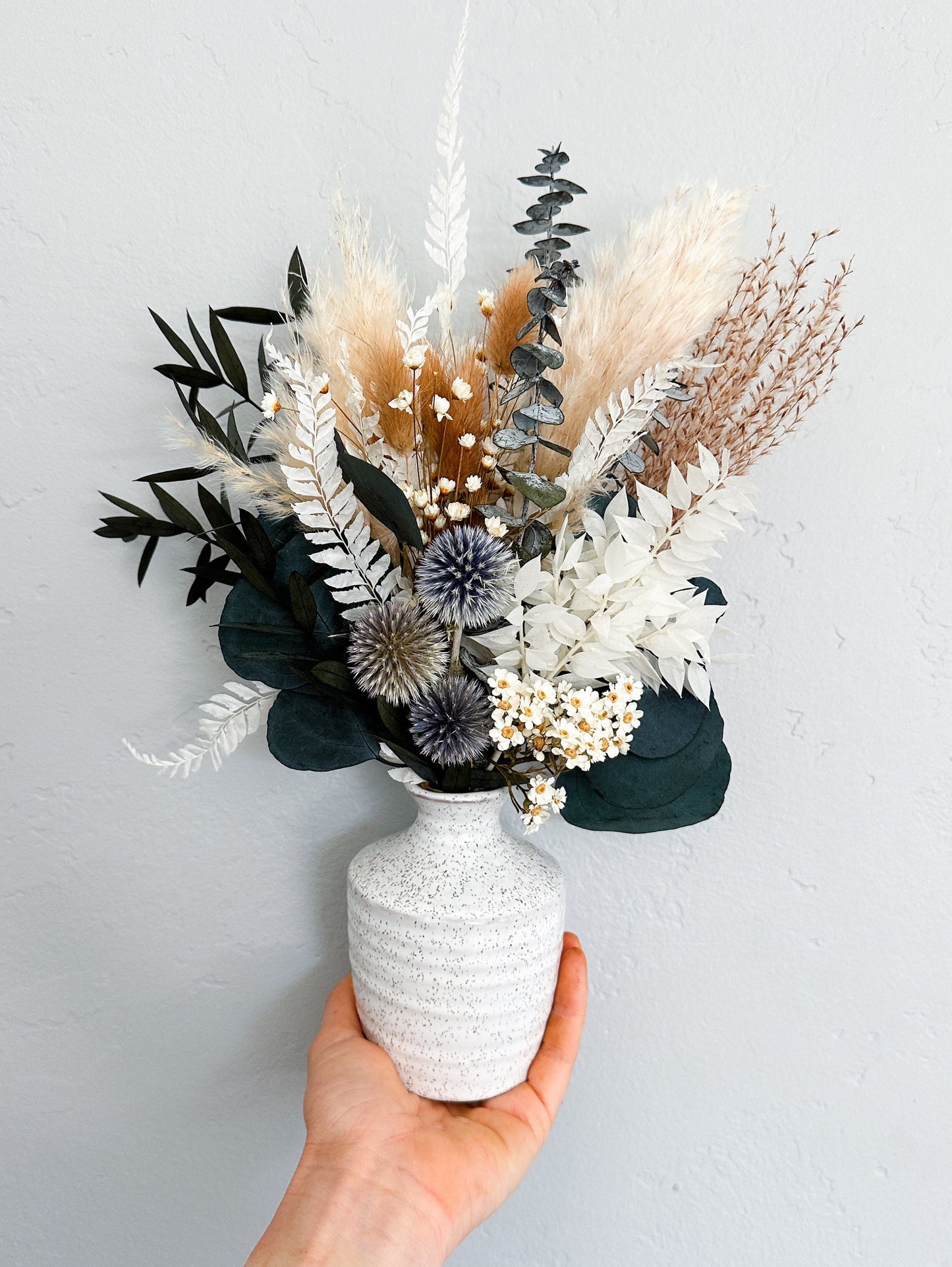 Dusty Blue, Wildflower + Eucalyptus Dried Floral Arrangement