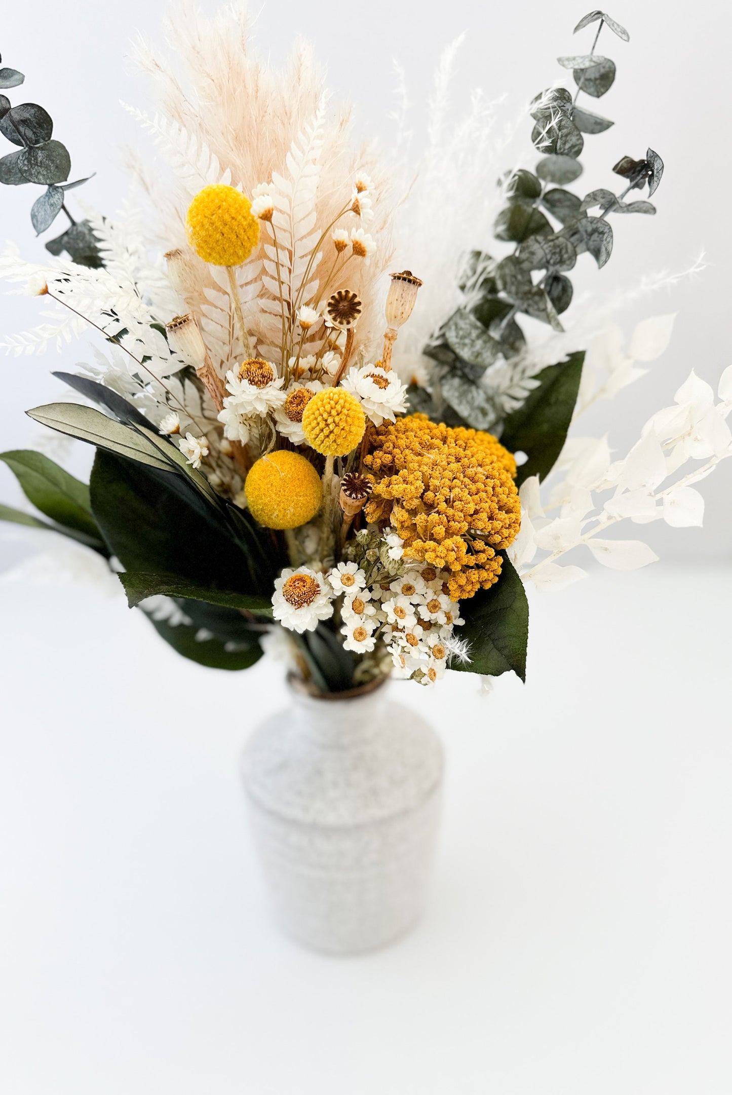 Yellow, Wildflower + Eucalyptus Dried Floral Arrangement