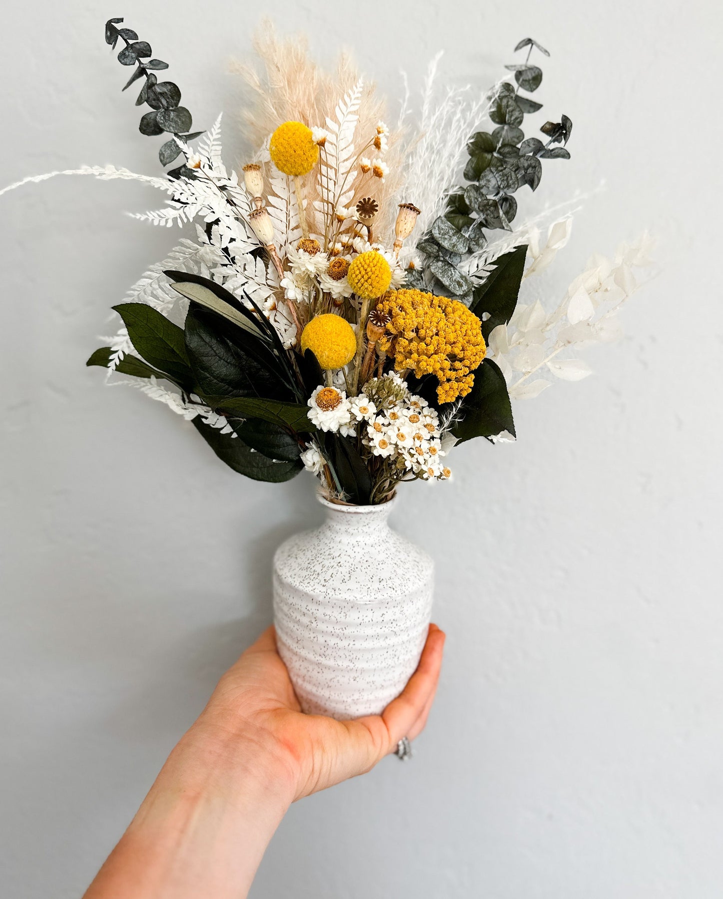 Yellow, Wildflower + Eucalyptus Dried Floral Arrangement