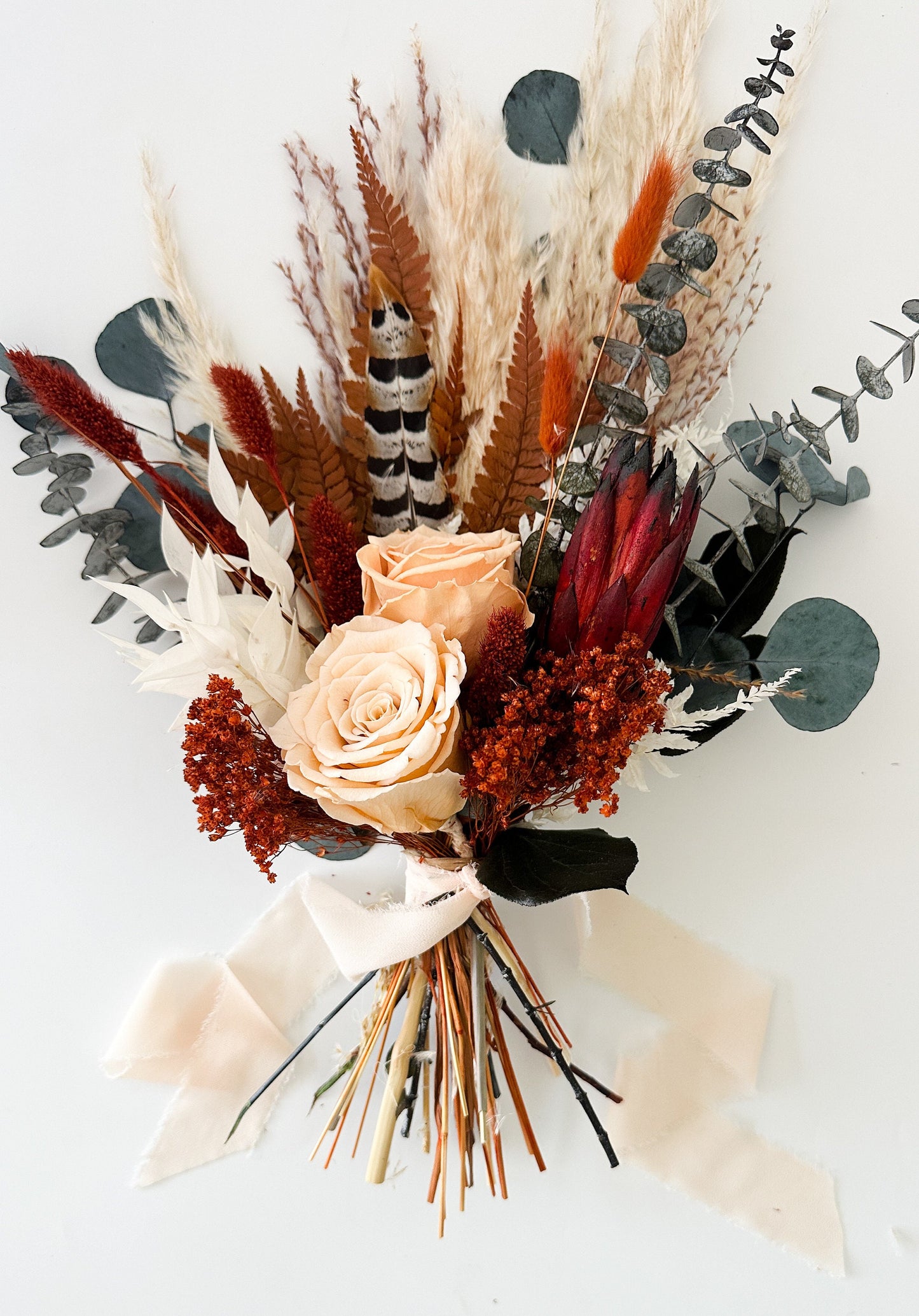 Small Rust, Peach, Blush + Pheasant Feather Pampas Grass Bouquet/ Bride and Bridesmaids/ Dried Flower Bouquet/ Wedding Flowers