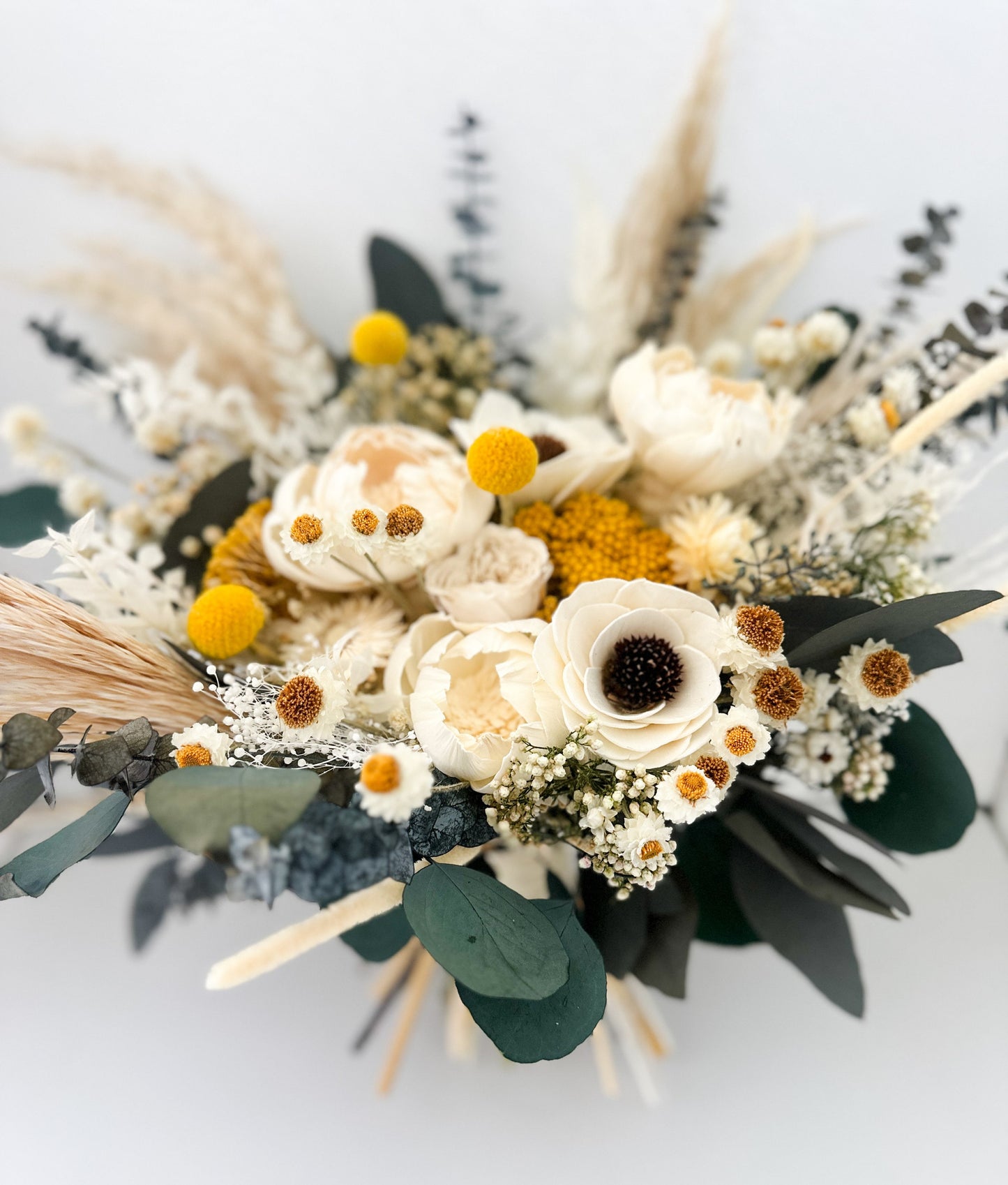 Yellow, Eucalyptus + Anemone Pampas Grass Bouquet/ Bride and Bridesmaids/ Dried Flower Bouquet/ Wedding Flowers