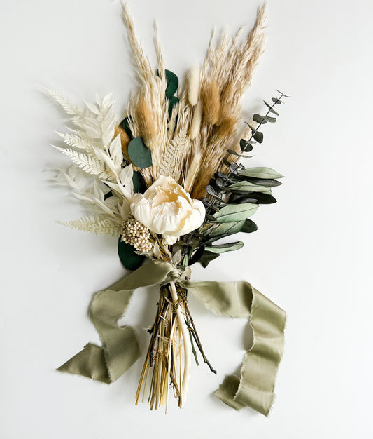 Mini Peony, Olive + Pampas Grass Bouquet, Wedding Flowers, Home decor, Dried Flowers