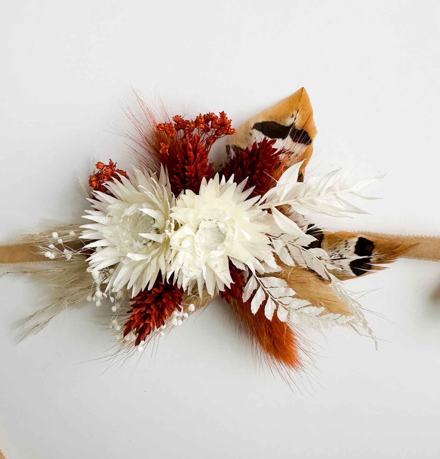 Rust + Terracotta Pheasant Feather Corsage/ Wedding Flowers/ Dried Flowers