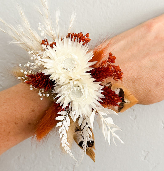 Rust + Terracotta Pheasant Feather Corsage/ Wedding Flowers/ Dried Flowers