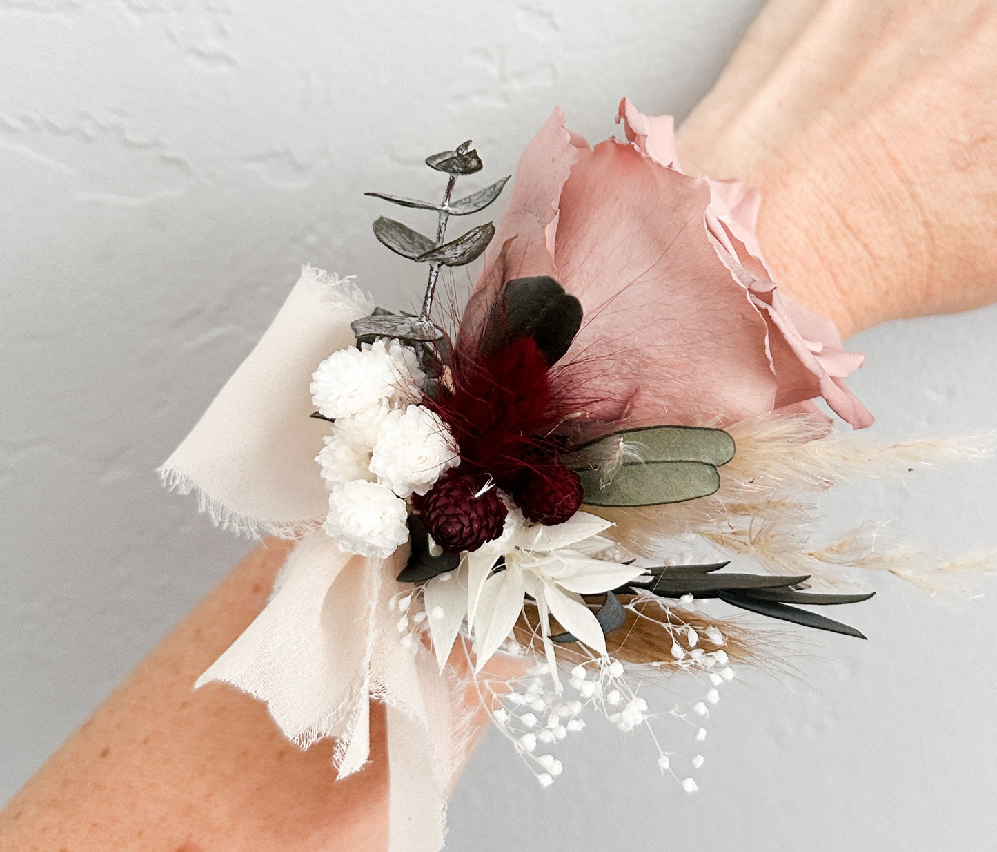 Dusty Rose Corsage/ Wedding Flowers/ Dried Flowers