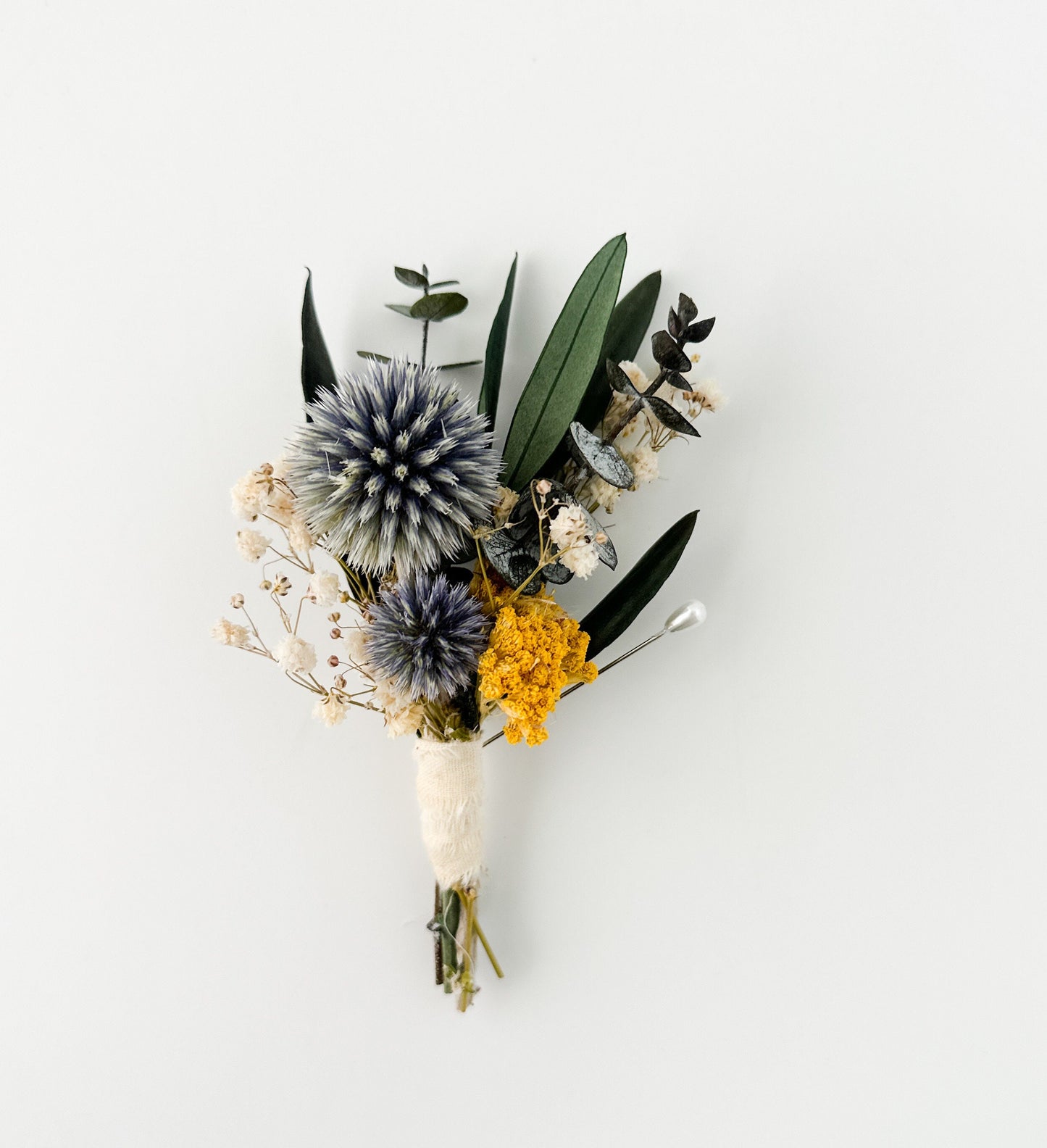 Dusty Blue and Mustard Boutonniere/ Wedding Flowers/ Groom and Groomsmen