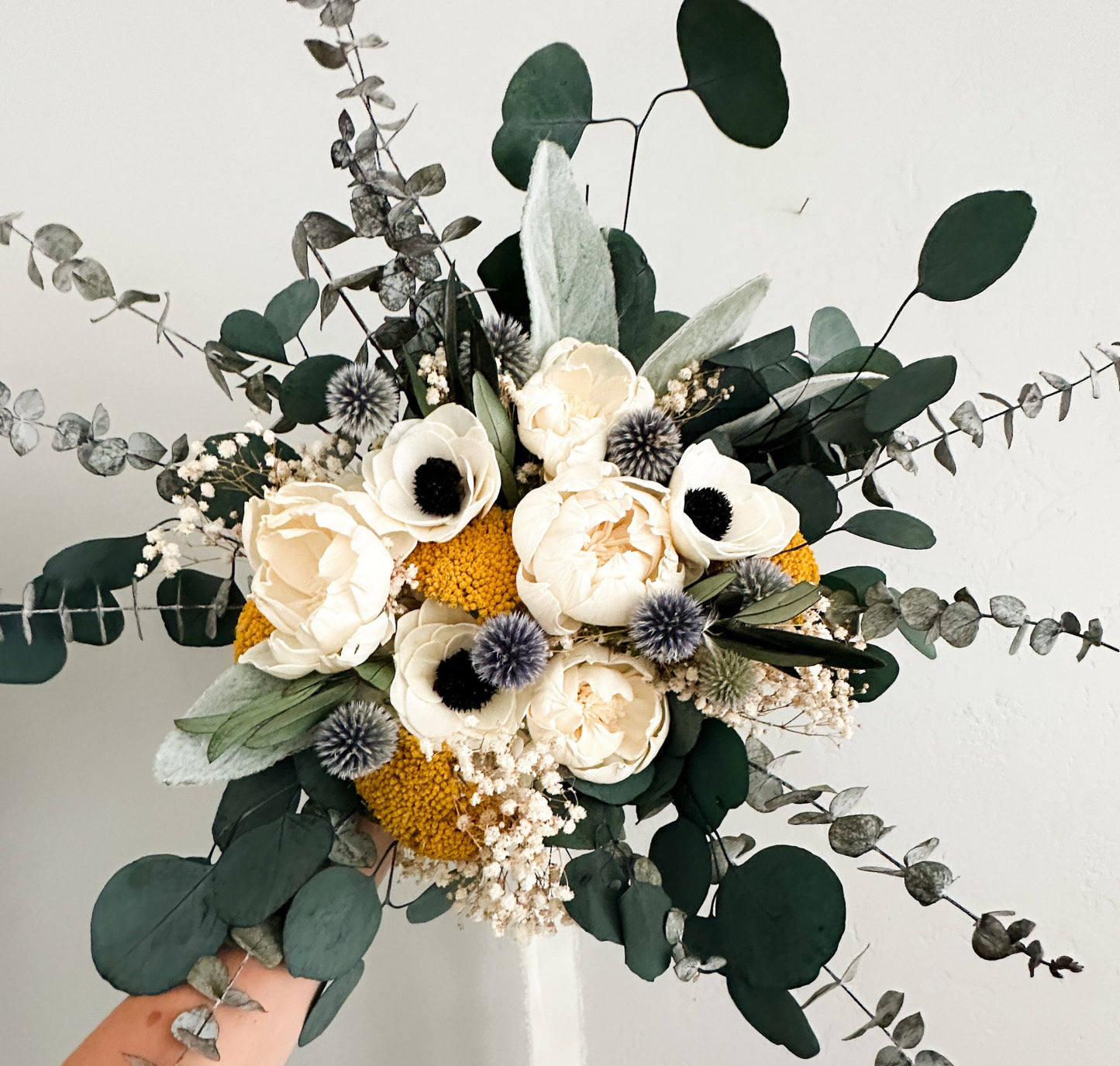 Dusty Blue, Mustard Yellow, Anemone and Peony Dried Floral Bouquet/ Bride and Bridesmaids/ Dried Flower Bouquet/ Wedding Flowers