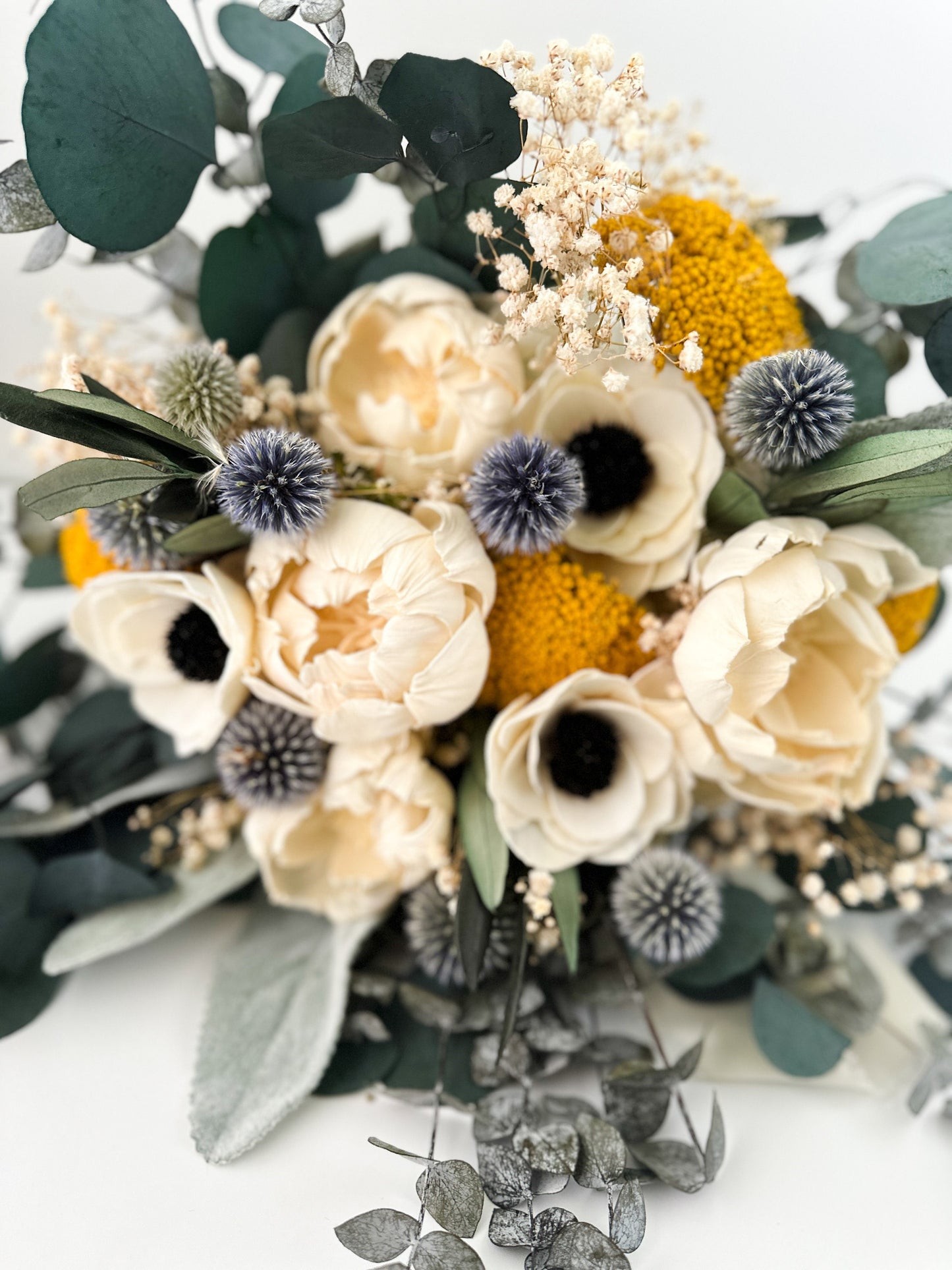 Dusty Blue, Mustard Yellow, Anemone and Peony Dried Floral Bouquet/ Bride and Bridesmaids/ Dried Flower Bouquet/ Wedding Flowers