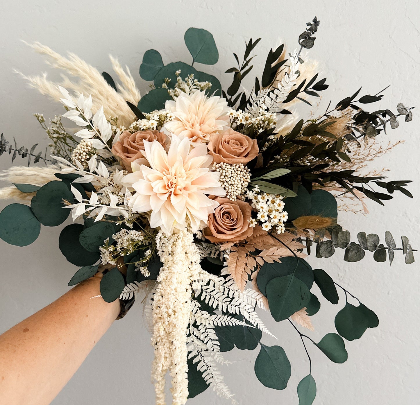 Blush Dahlia, Nude Rose + Greenery Dried Floral Bouquet with Silk Faux Dahlias/ Wedding Flowers/ Bride and Bridesmaids Bouquets