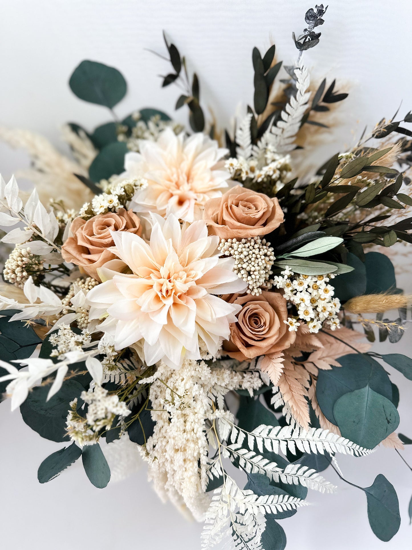 Blush Dahlia, Nude Rose + Greenery Dried Floral Bouquet with Silk Faux Dahlias/ Wedding Flowers/ Bride and Bridesmaids Bouquets