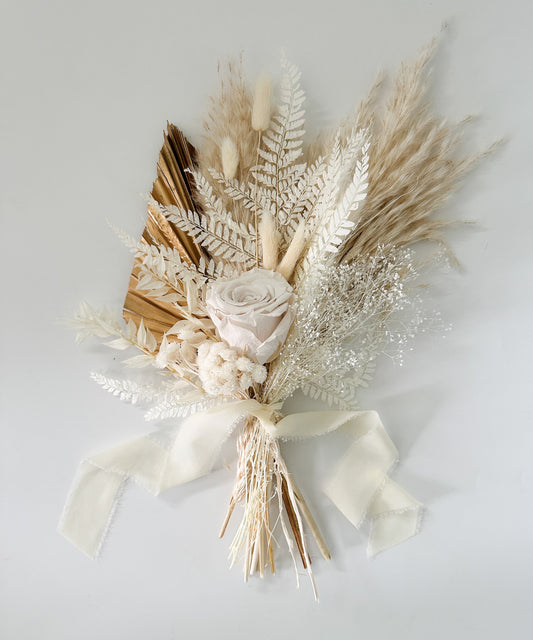 Mini White Rose + Gold Pampas Grass Bouquet, Wedding Flowers, Home decor, Dried Flowers, Bridemaids