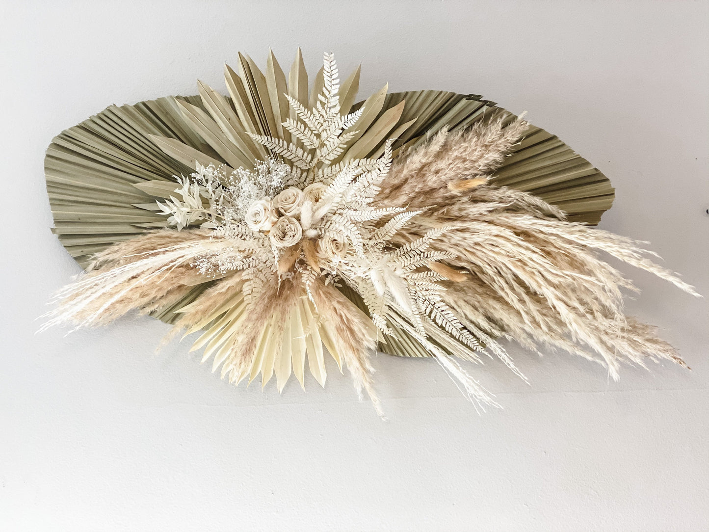 White + Sage Palm and Pampas Grass Wall, Arch or Backdrop Decor