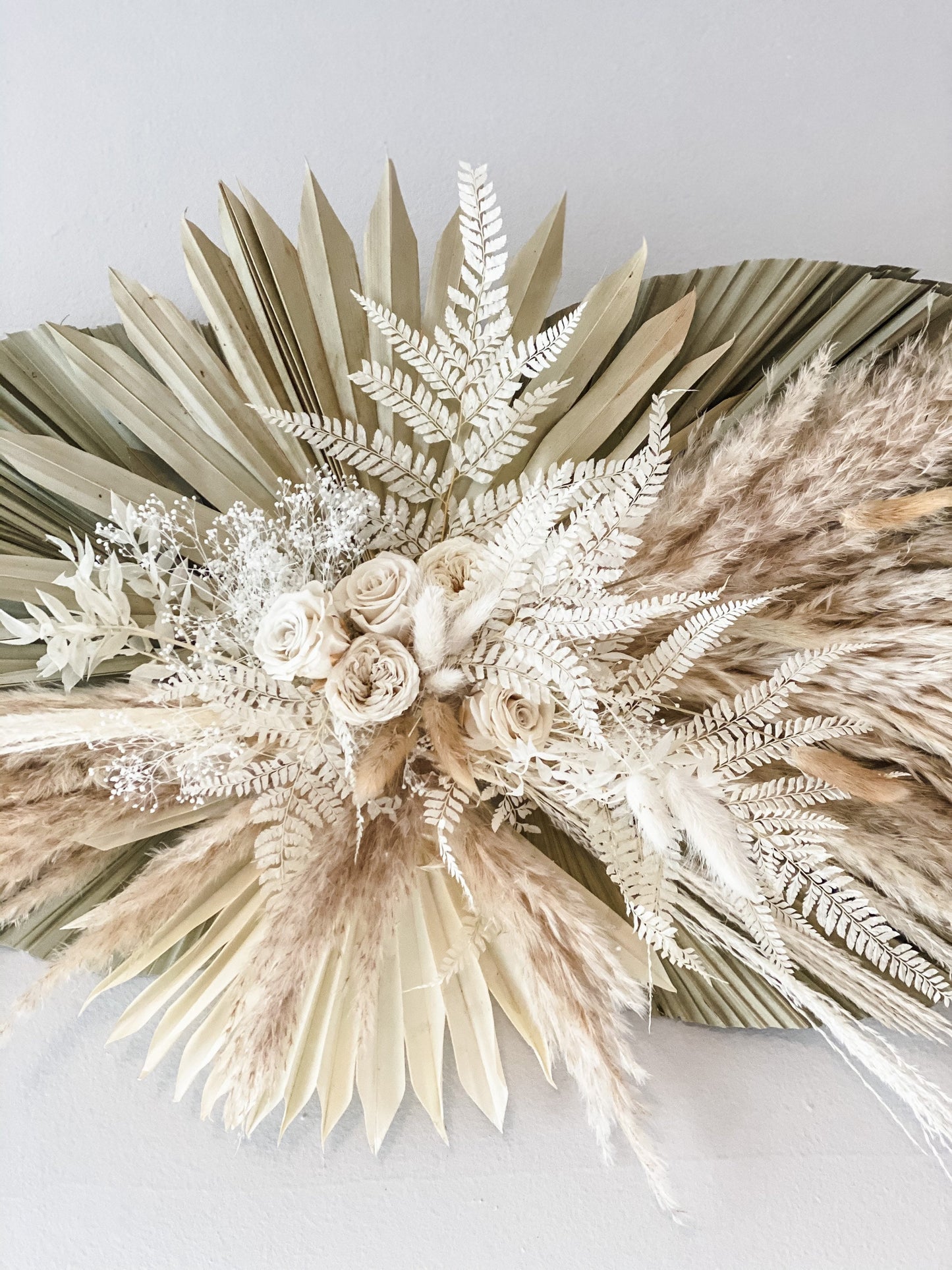 White + Sage Palm and Pampas Grass Wall, Arch or Backdrop Decor