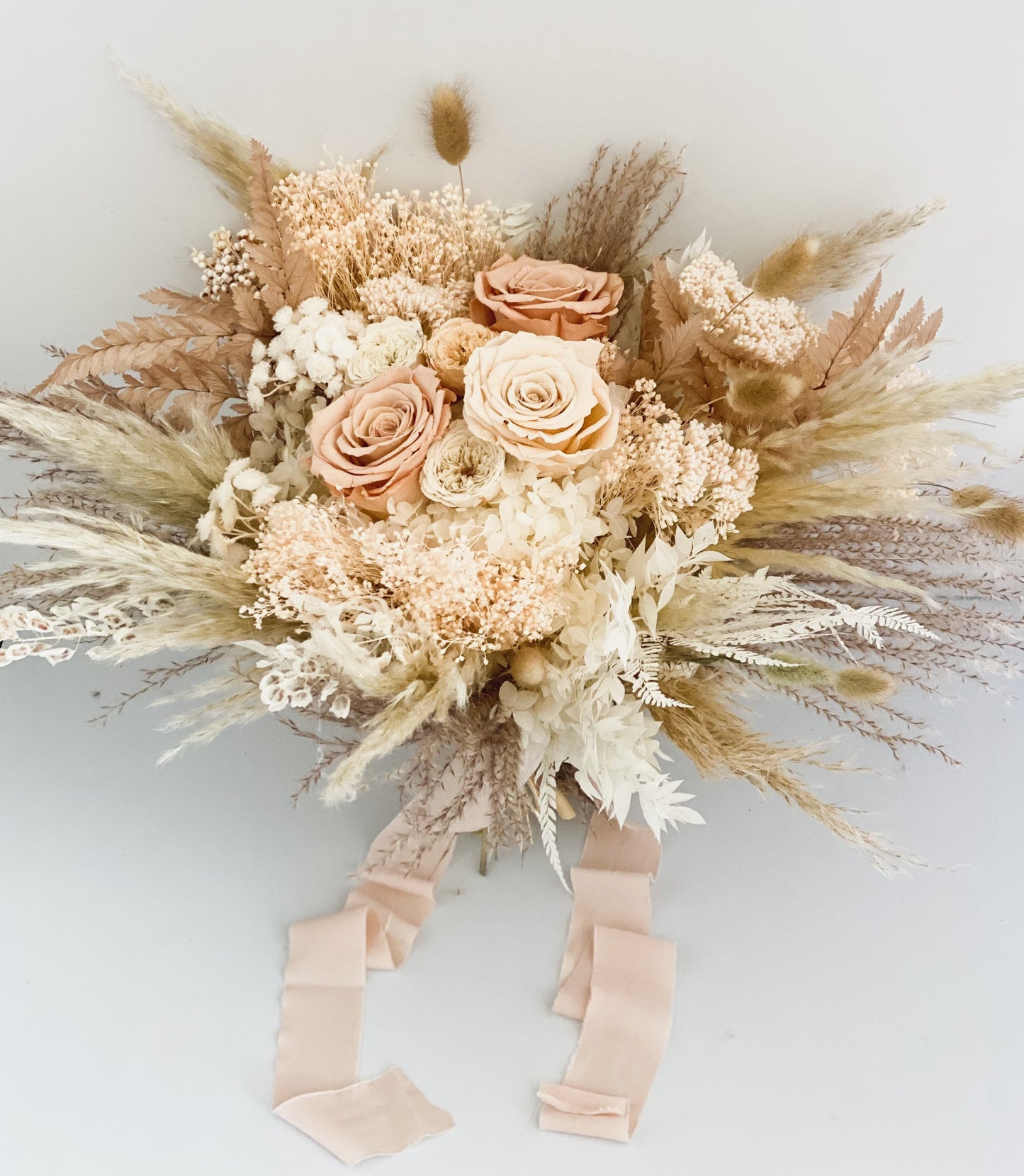 Toffee , Peach + Blush Rose Bouquet/ Bride and Bridesmaids/ Dried Flower Bouquet/ Wedding Flowers