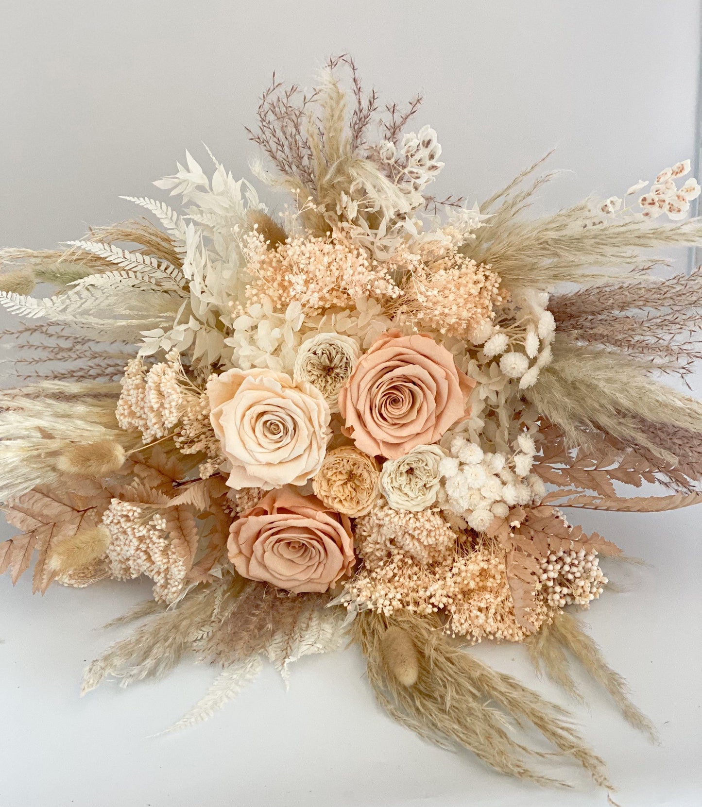 Toffee , Peach + Blush Rose Bouquet/ Bride and Bridesmaids/ Dried Flower Bouquet/ Wedding Flowers