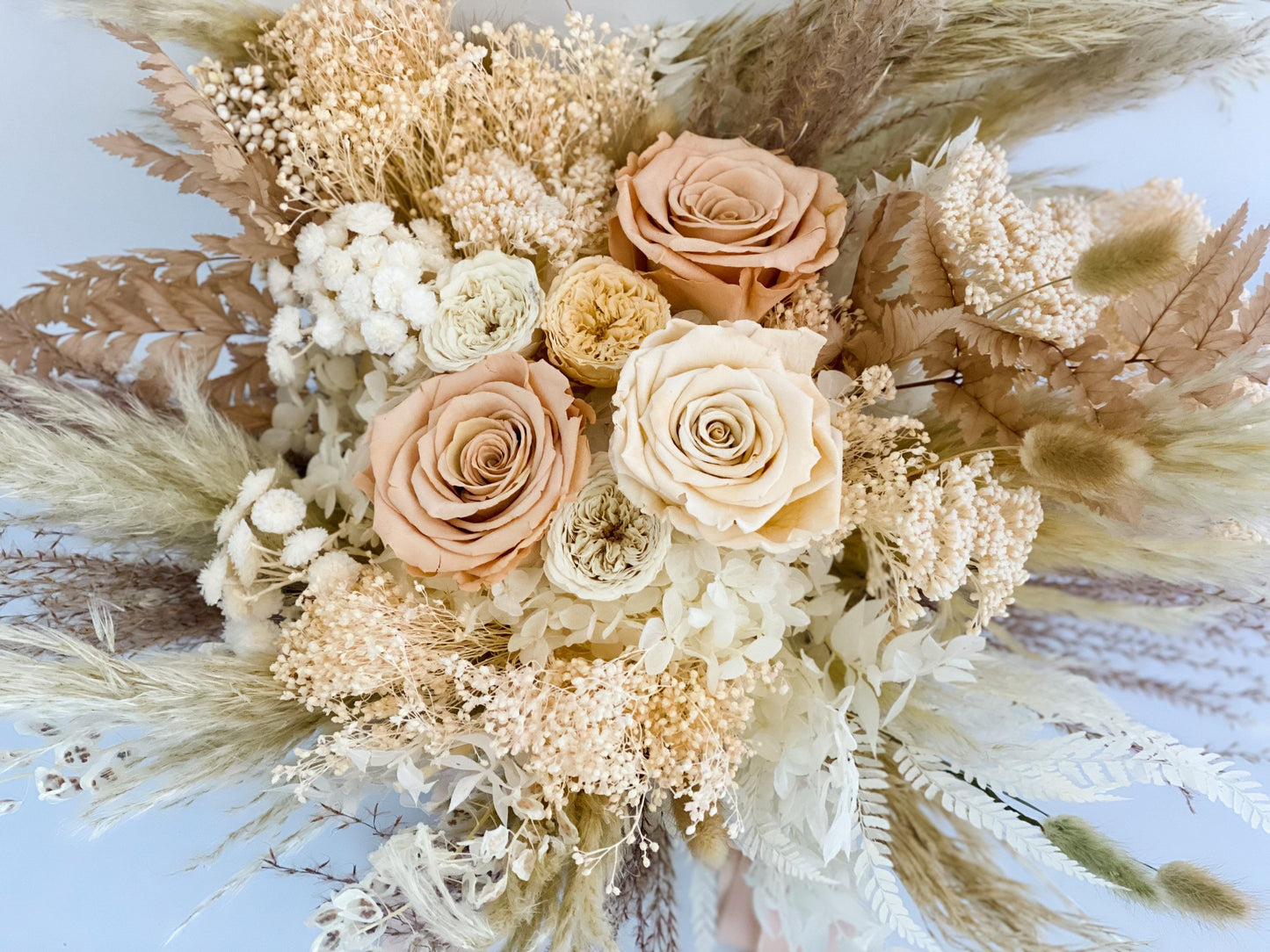 Toffee , Peach + Blush Rose Bouquet/ Bride and Bridesmaids/ Dried Flower Bouquet/ Wedding Flowers