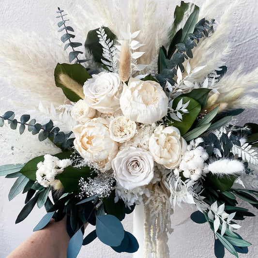 White Peony + Greenery Pampas Grass Bouquet/ Bride and Bridesmaids/ Dried Flower Bouquet/ Wedding Flowers