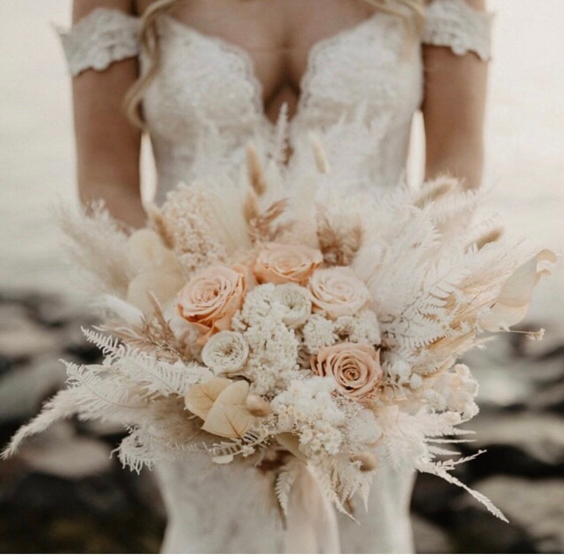 Toffee , Peach + Blush Rose Bouquet/ Bride and Bridesmaids/ Dried Flower Bouquet/ Wedding Flowers