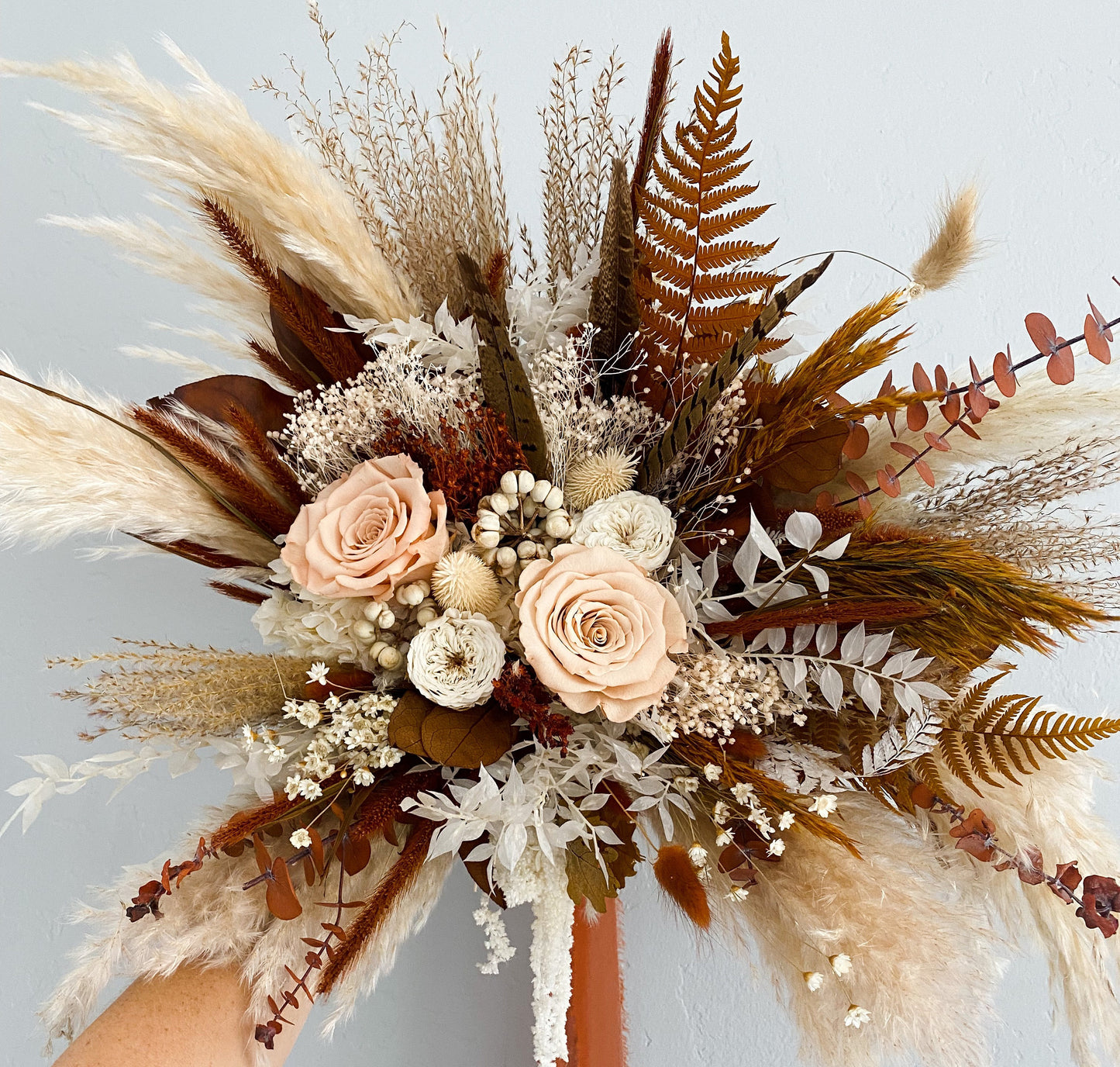 Terracotta + Pheasant Feather Pampas Grass Bouquet/ Bride and Bridesmaids/ Dried Flower Bouquet