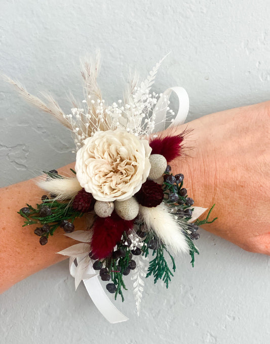 Winter Garden Rose + Juniper Corsage/ Wedding flowers/ Dried Flowers